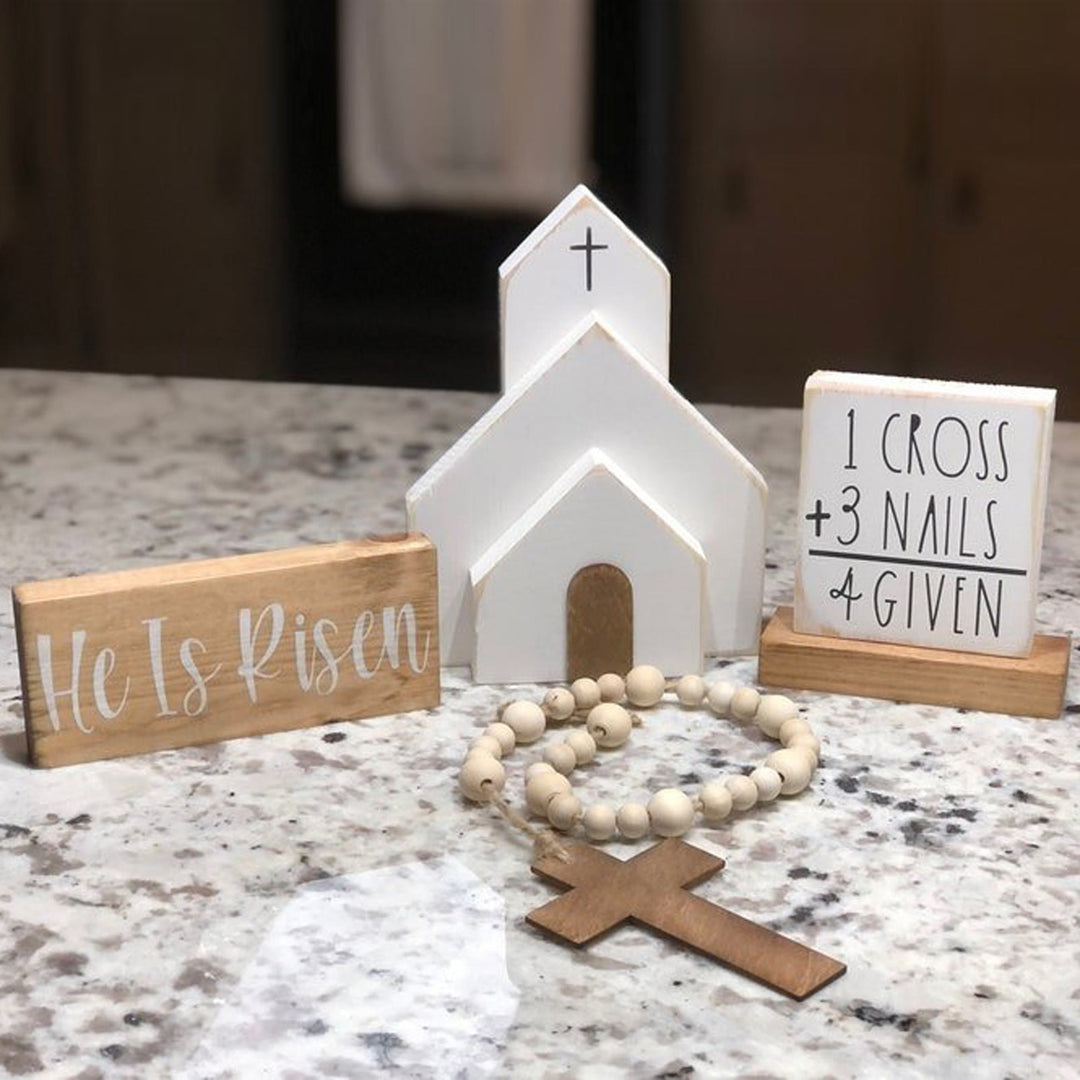 Christianartworkshop 3pcs/set "He Is Risen" Wooden Easter Dekstop Decor Ornament - 3pcs + beads - image 1