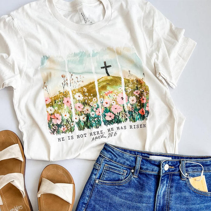 Christianartworkshop He Has Risen Faith-Inspired Floral Cross T-Shirt