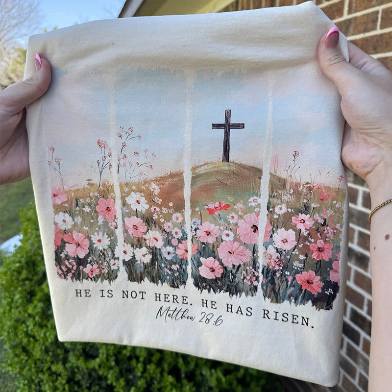 Christianartworkshop He Has Risen Faith-Inspired Floral Cross T-Shirt