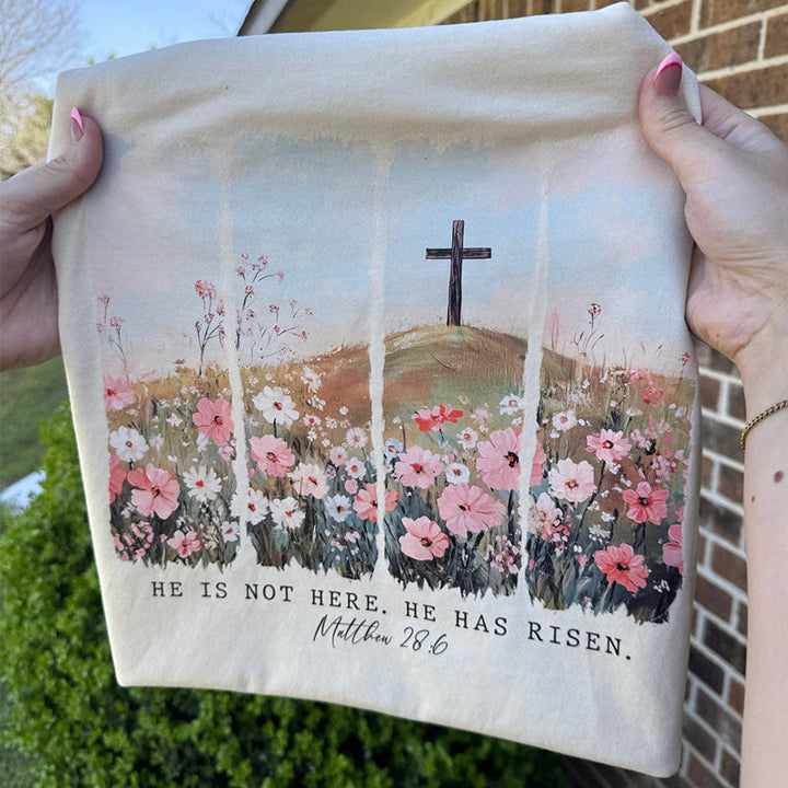 Christianartworkshop He Has Risen Faith-Inspired Floral Cross T-Shirt