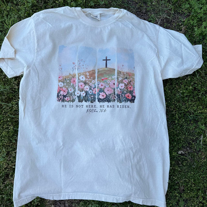 Christianartworkshop He Has Risen Faith-Inspired Floral Cross T-Shirt