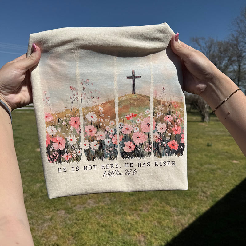 Christianartworkshop He Has Risen Faith-Inspired Floral Cross T-Shirt