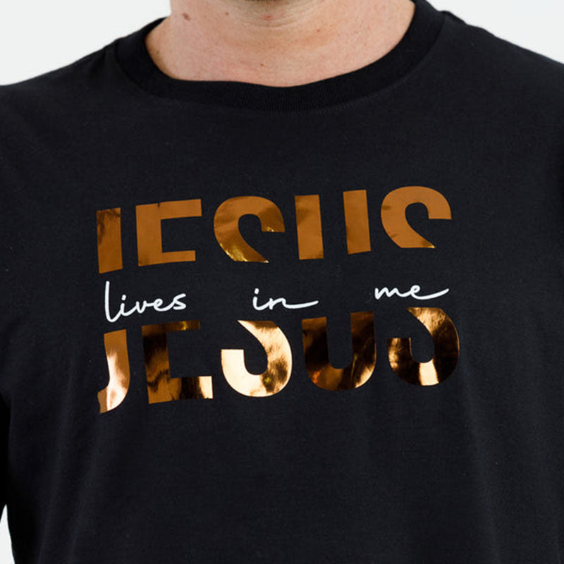 Christianartworkshop Glamorous Faith Jesus Lives in Me Gold Text Christian T-Shirt