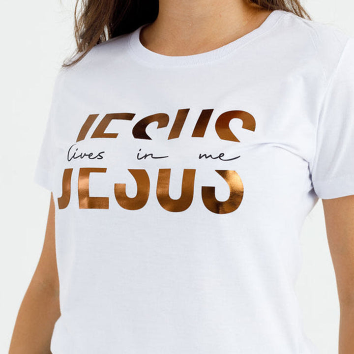 Christianartworkshop Glamorous Faith Jesus Lives in Me Gold Text Christian T-Shirt