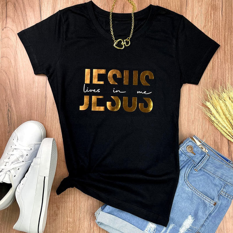 Christianartworkshop Glamorous Faith Jesus Lives in Me Gold Text Christian T-Shirt