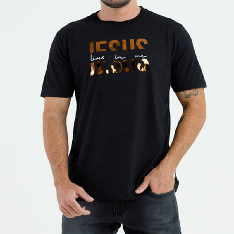 Christianartworkshop Glamorous Faith Jesus Lives in Me Gold Text Christian T-Shirt