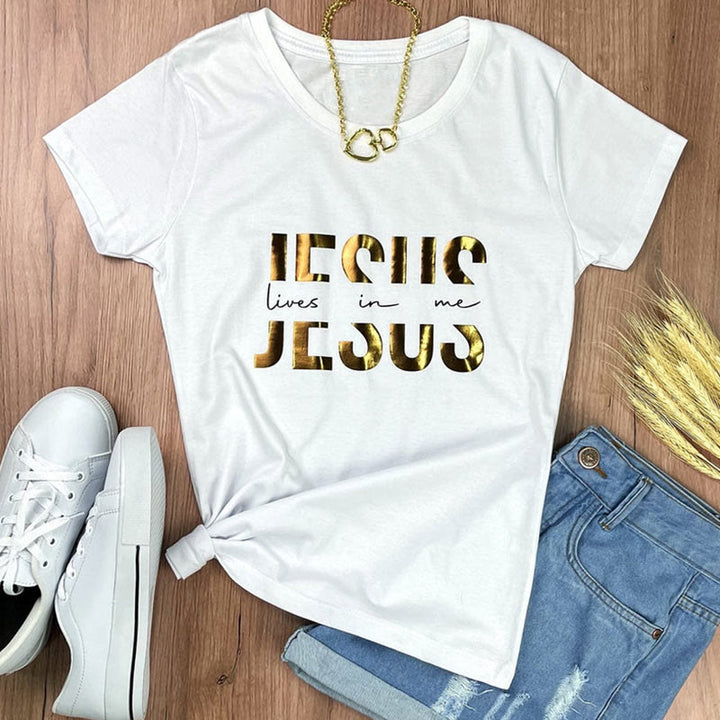 Christianartworkshop Glamorous Faith Jesus Lives in Me Gold Text Christian T-Shirt