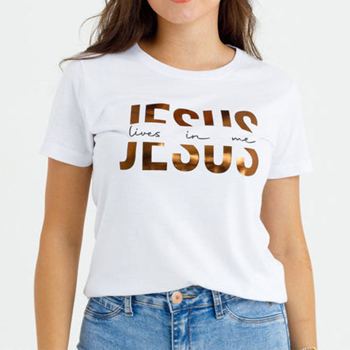 Christianartworkshop Glamorous Faith Jesus Lives in Me Gold Text Christian T-Shirt