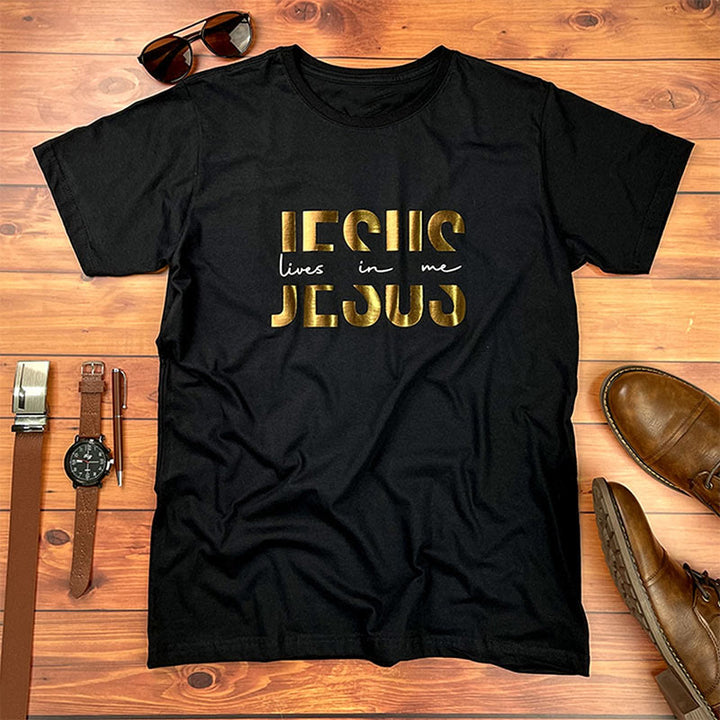 Christianartworkshop Glamorous Faith Jesus Lives in Me Gold Text Christian T-Shirt