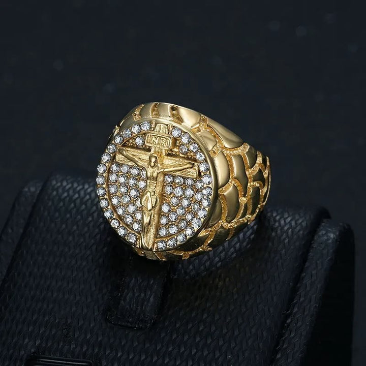 Christianartworkshop Adorn Your Faith: The Divine Golden Pattern Gemstones Crucifix Ring - image 1