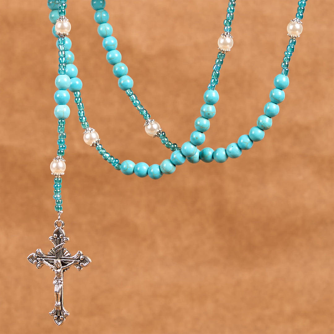 Christianartworkshop Our Lady Medal & Crucifix of 8mm Blue Turquoise Round Beads Rosary - image 3