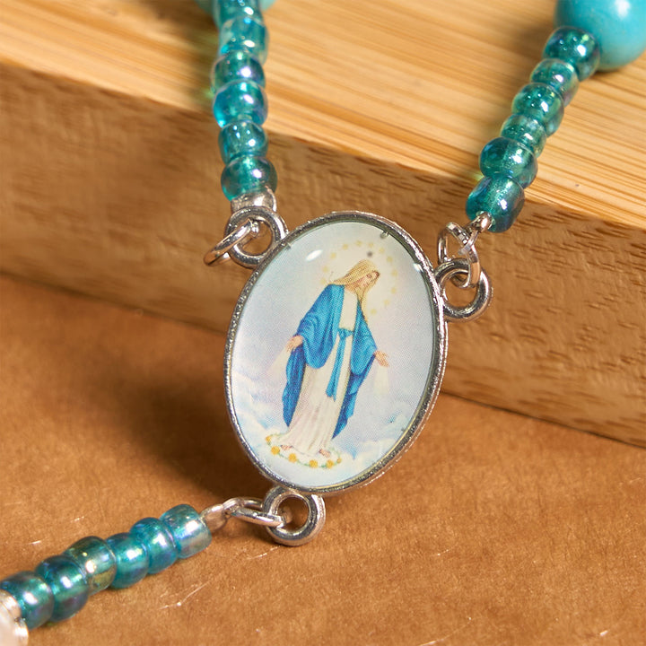 Christianartworkshop Our Lady Medal & Crucifix of 8mm Blue Turquoise Round Beads Rosary - image 4