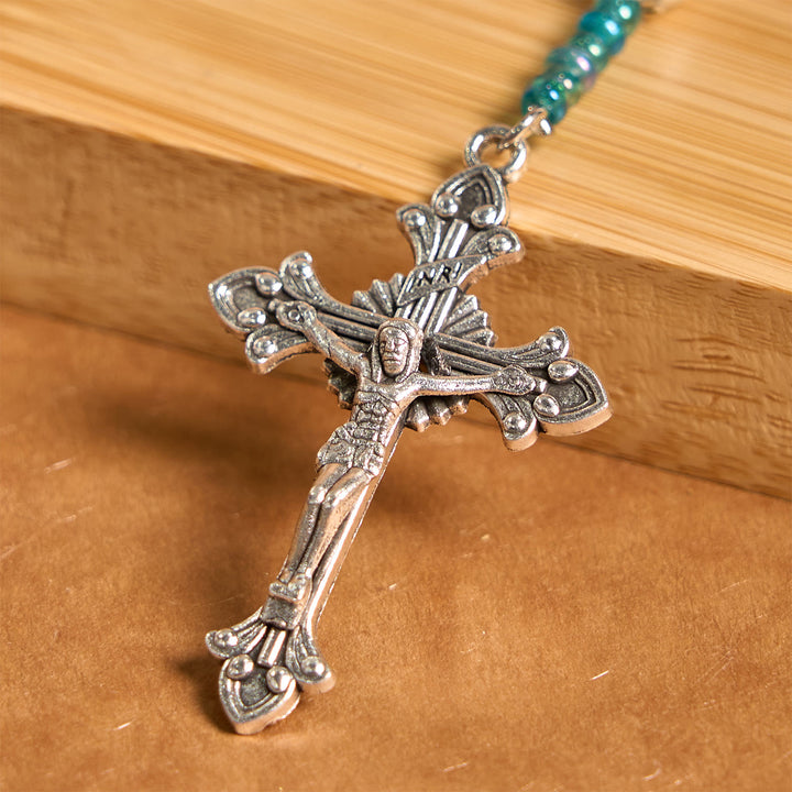 Christianartworkshop Our Lady Medal & Crucifix of 8mm Blue Turquoise Round Beads Rosary - image 5