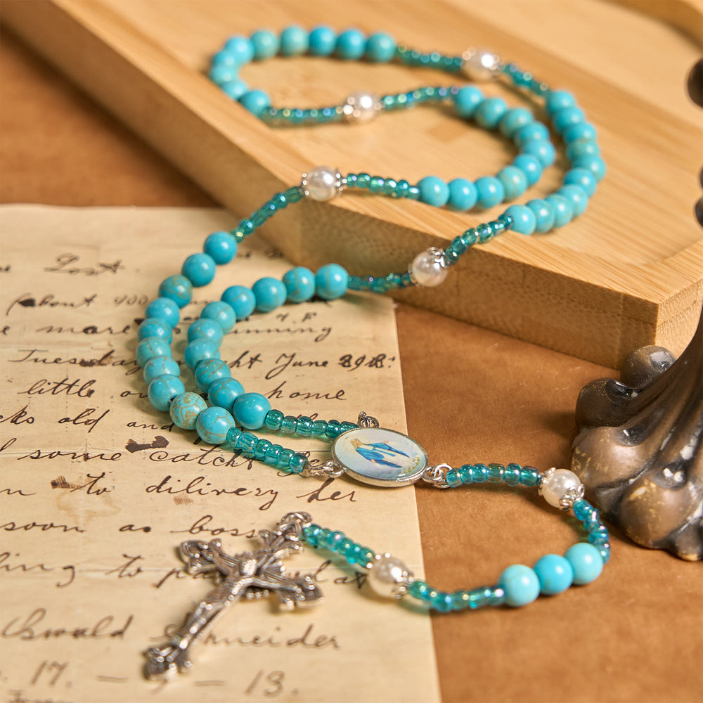 Christianartworkshop Our Lady Medal & Crucifix of 8mm Blue Turquoise Round Beads Rosary - image 2