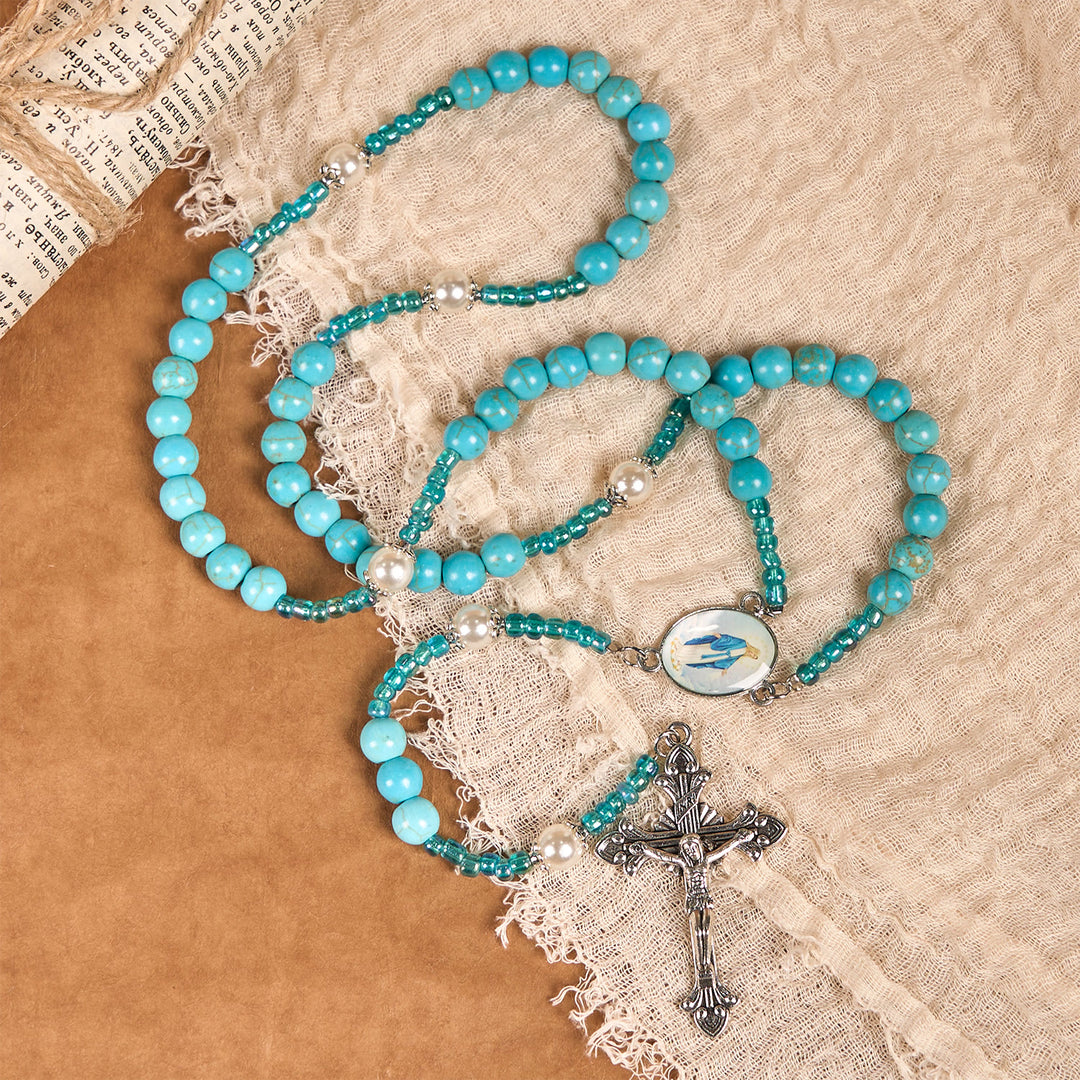 Christianartworkshop Our Lady Medal & Crucifix of 8mm Blue Turquoise Round Beads Rosary - image 6