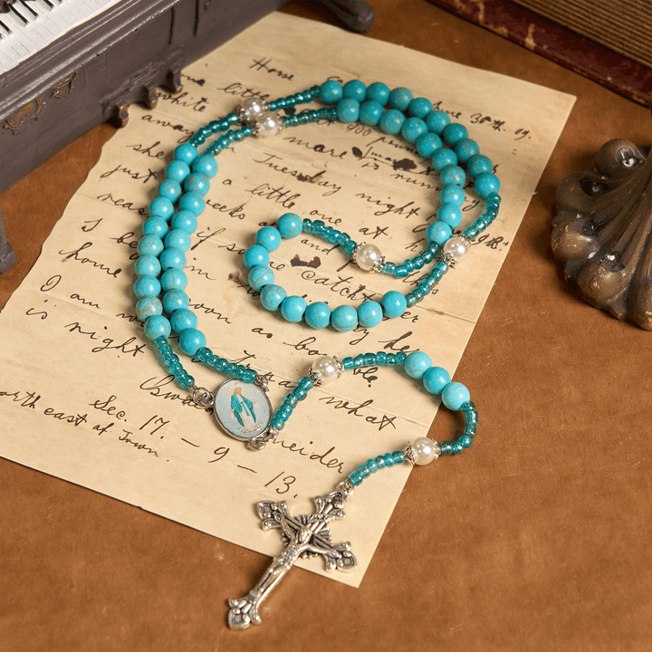 Christianartworkshop Our Lady Medal & Crucifix of 8mm Blue Turquoise Round Beads Rosary - Miraculous Medal & Crucifix - image 1