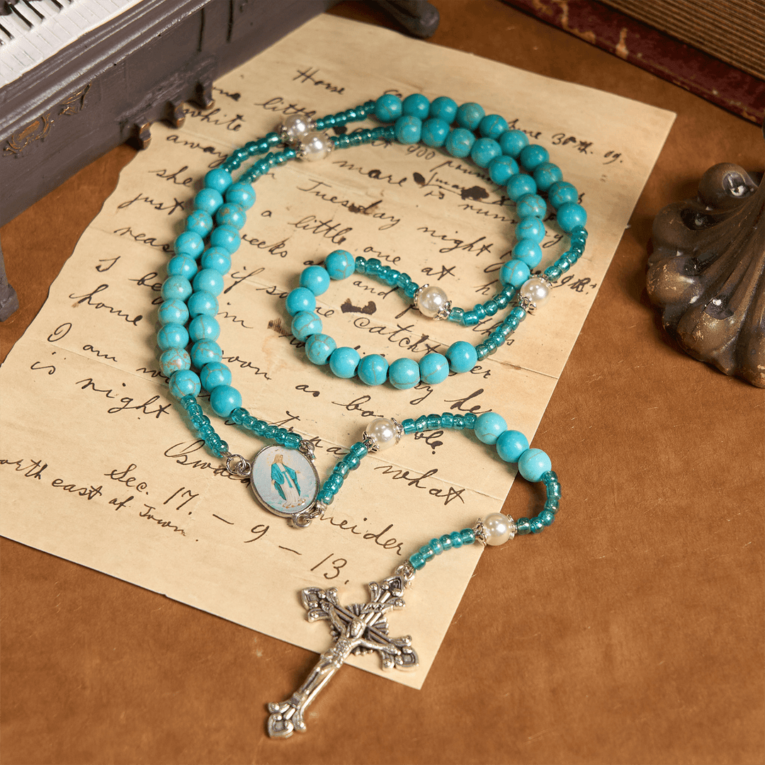 Christianartworkshop Our Lady Medal & Crucifix of 8mm Blue Turquoise Round Beads Rosary - Miraculous Medal & Crucifix - image 0