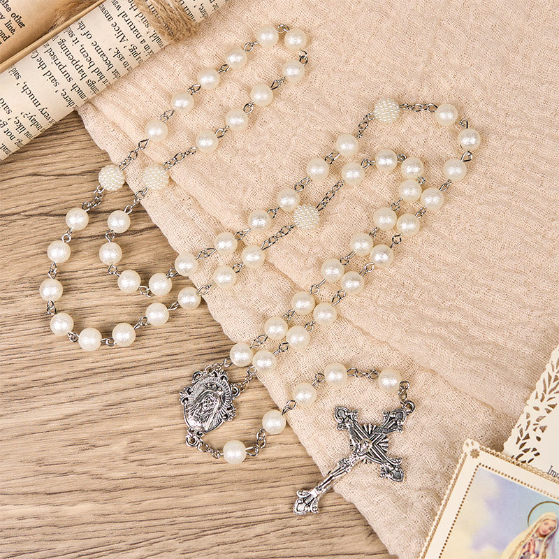 Christianartworkshop Our Lady Medal & Crucifix of 8mm White Acrylic Round Beads Rosary - image 7