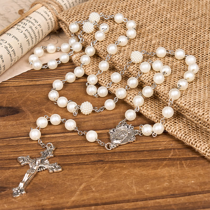Christianartworkshop Our Lady Medal & Crucifix of 8mm White Acrylic Round Beads Rosary - image 2