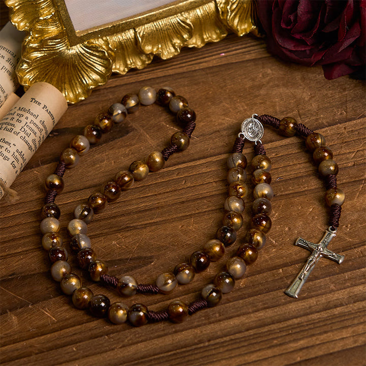 Christianartworkshop Our Lady Medal & Crucifix of 10mm Brown Acrylic Round Beads Divine Rosary - Brown - image 1