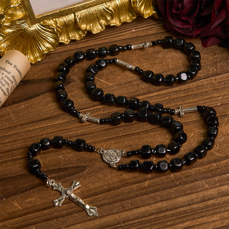 Christianartworkshop St. Benedict Medal & Crucifix of 8mm Black Wood Round Beads Rosary - St. Benedict Medal & Crucifix - image 1