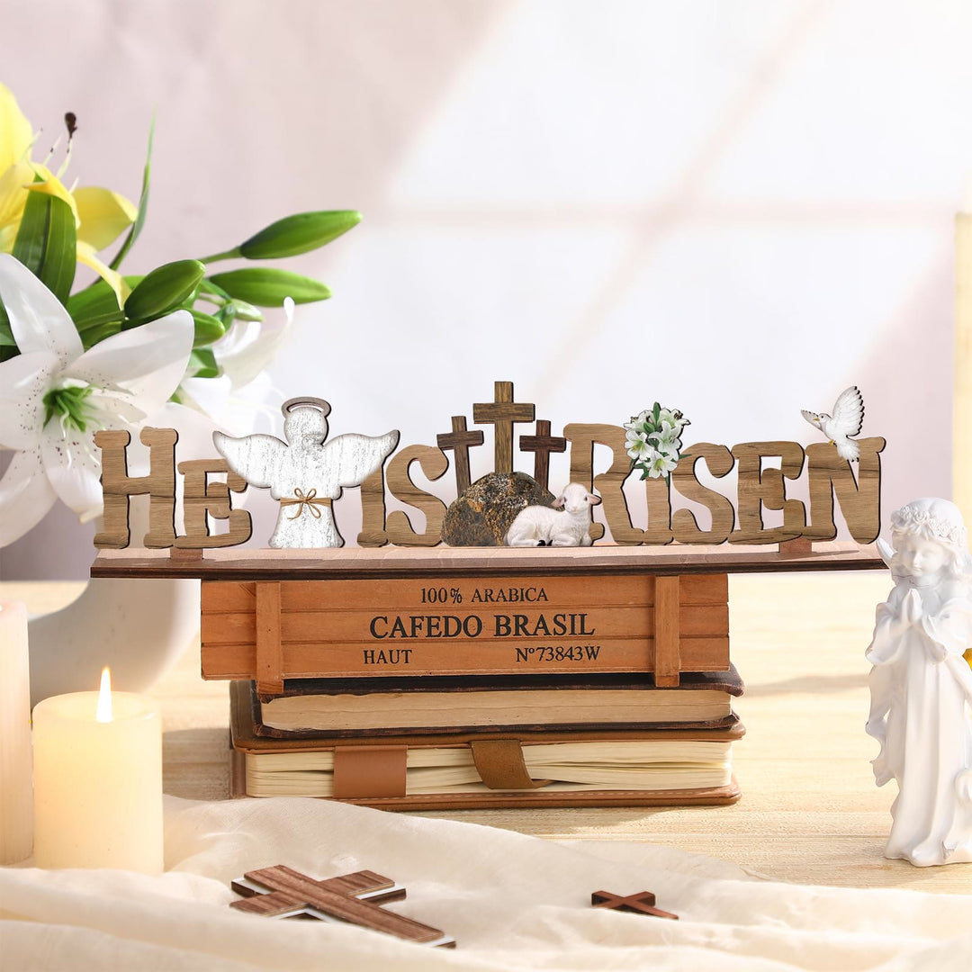 Christianartworkshop "He Is Risen" & Lamb & Angel & Dove Wooden Easter Dekstop Decor Ornament - He is risen - image 1