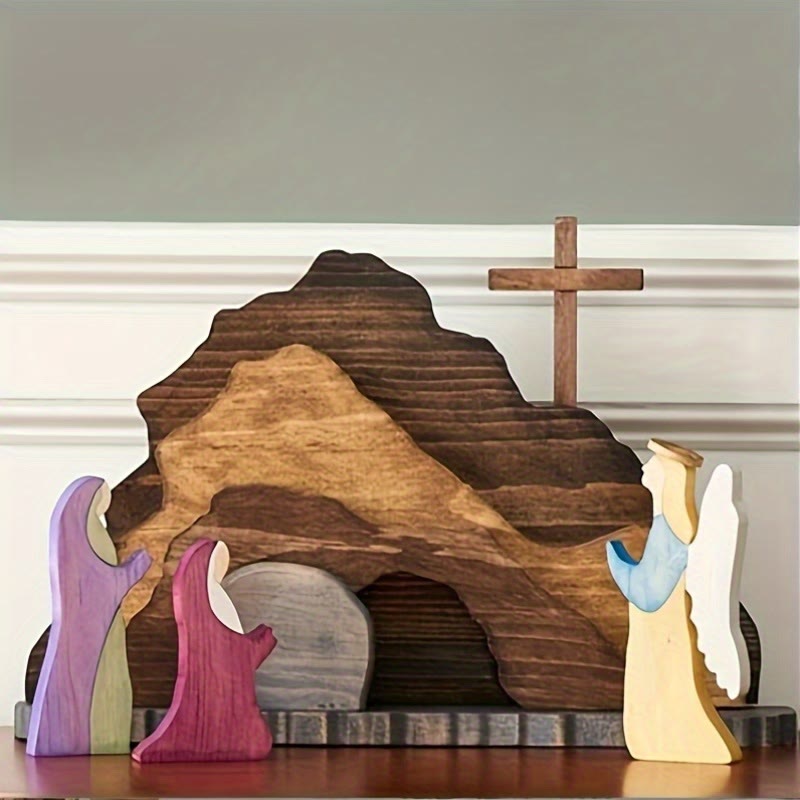 Christianartworkshop He is Risen Cross and Angels Wooden Easter Dekstop Decor Ornament - Wood - image 1