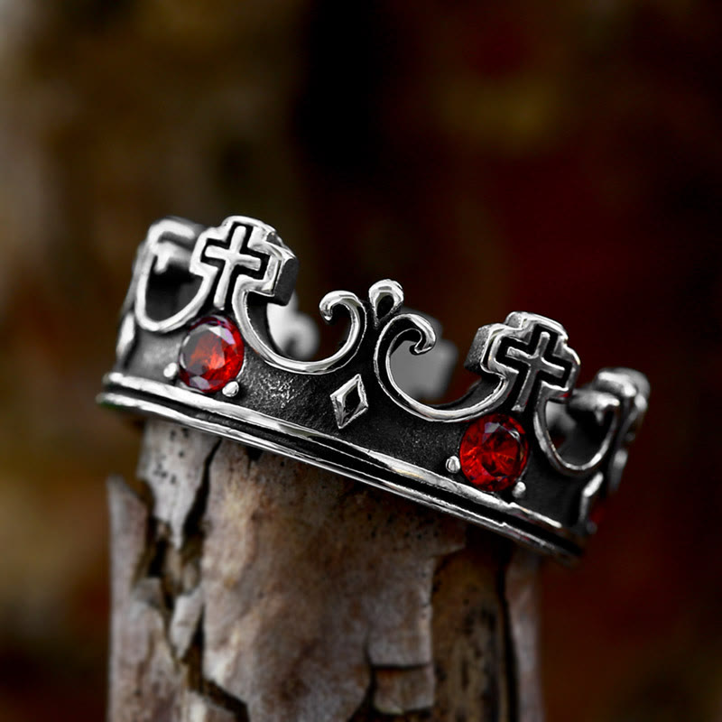 Christianartworkshop 4colors The Crown of Faith Cross Ring - Red Gemstones Set Divine Design for Believer - Steel-Red Stone - US13 - image 1