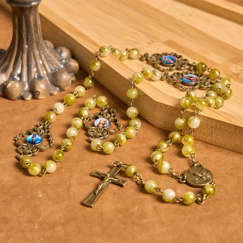 Christianartworkshop Holy Spirit & Crucifix of Special Vintage Metal Decade 8mm Yellow Green Beads Rosary - image 2