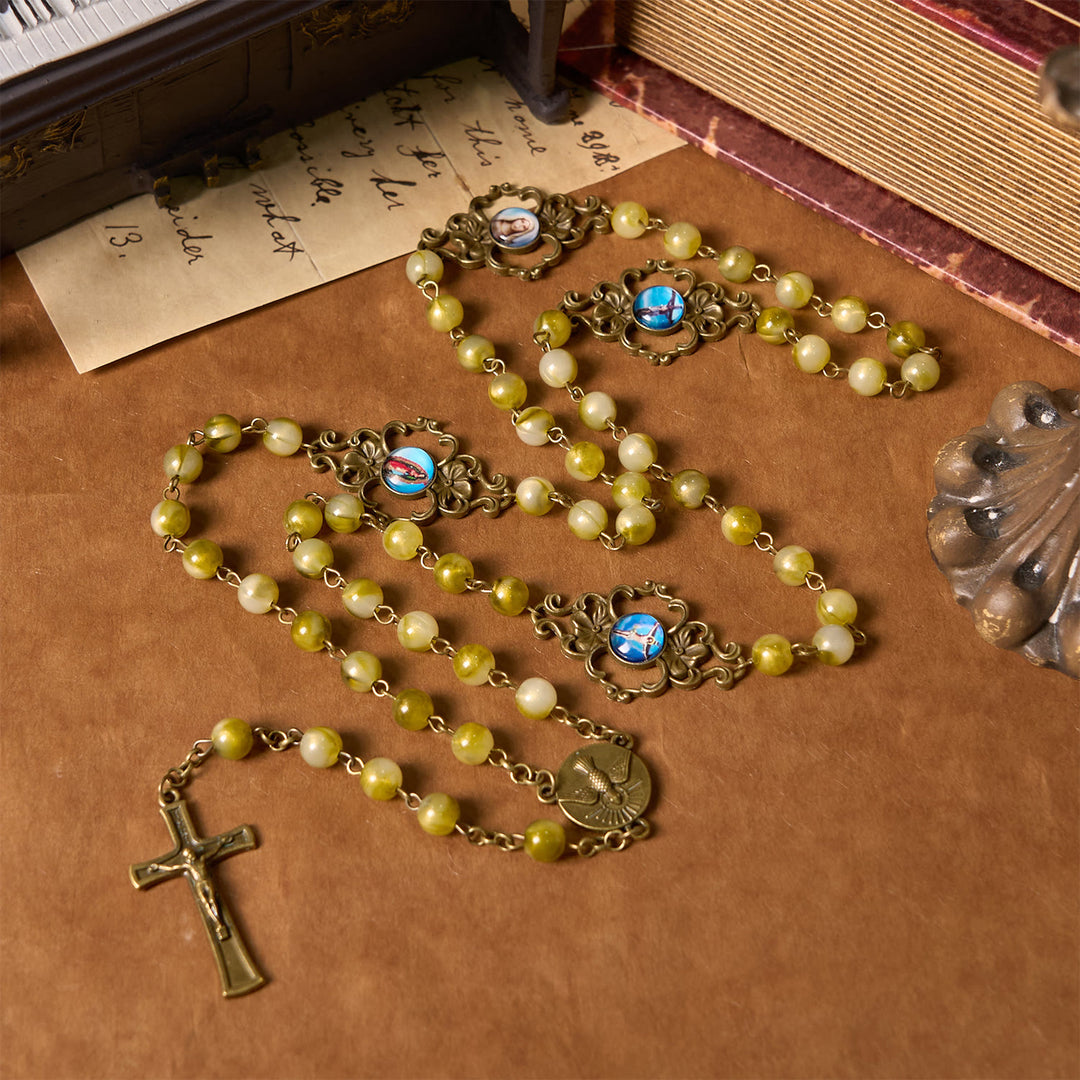 Christianartworkshop Holy Spirit & Crucifix of Special Vintage Metal Decade 8mm Yellow Green Beads Rosary - Holy Spirit & Crucifix - image 1