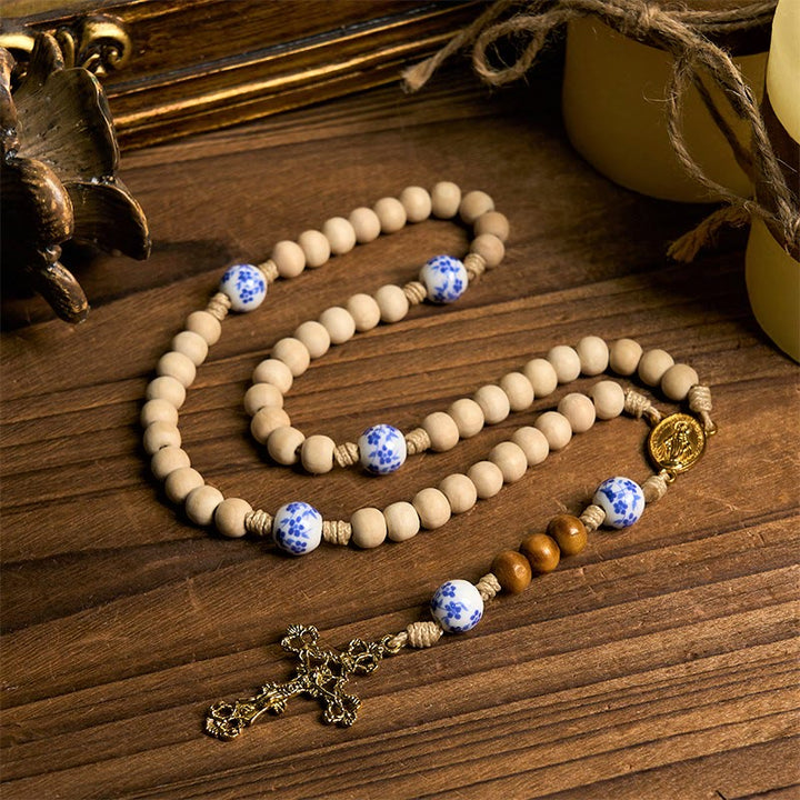 Christianartworkshop Handmade Wooden Ceramics Beads Miraculous Medal & Crucifix Rosary