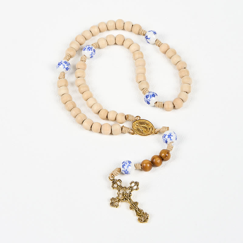 Christianartworkshop Handmade Wooden Ceramics Beads Miraculous Medal & Crucifix Rosary