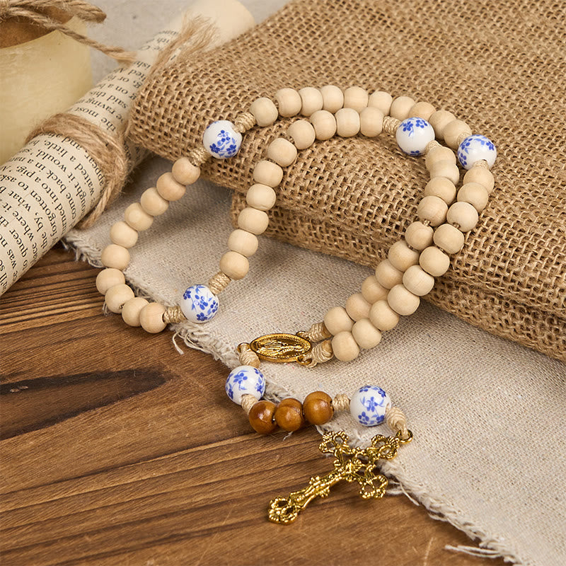 Christianartworkshop Handmade Wooden Ceramics Beads Miraculous Medal & Crucifix Rosary