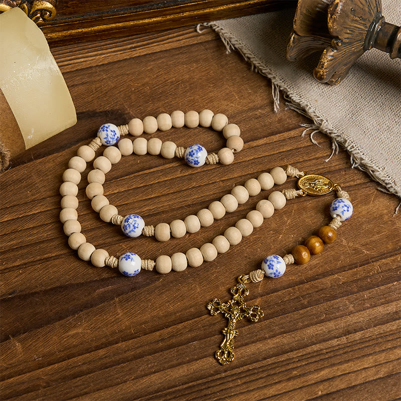 Christianartworkshop Handmade Wooden Ceramics Beads Miraculous Medal & Crucifix Rosary