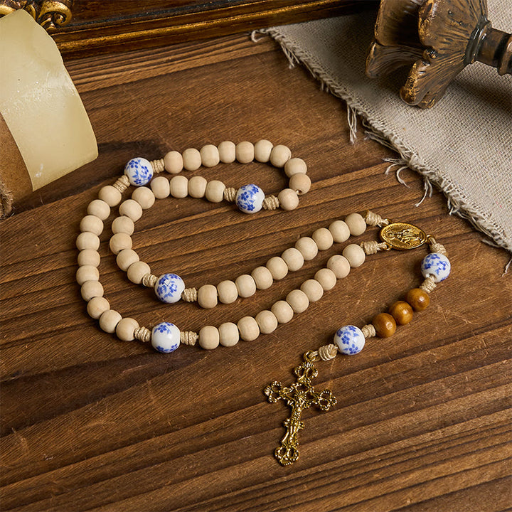 Christianartworkshop Handmade Wooden Ceramics Beads Miraculous Medal & Crucifix Rosary