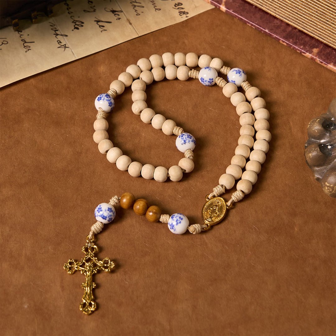 Christianartworkshop Handmade Wooden Ceramics Beads Miraculous Medal & Crucifix Rosary