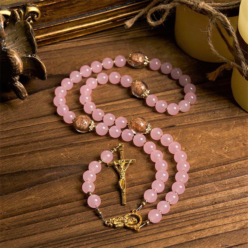 Christianartworkshop Handmade Pink Chalcedony & Porcelain Golden Sand Our Father Beads Prayer Rosary - image 1