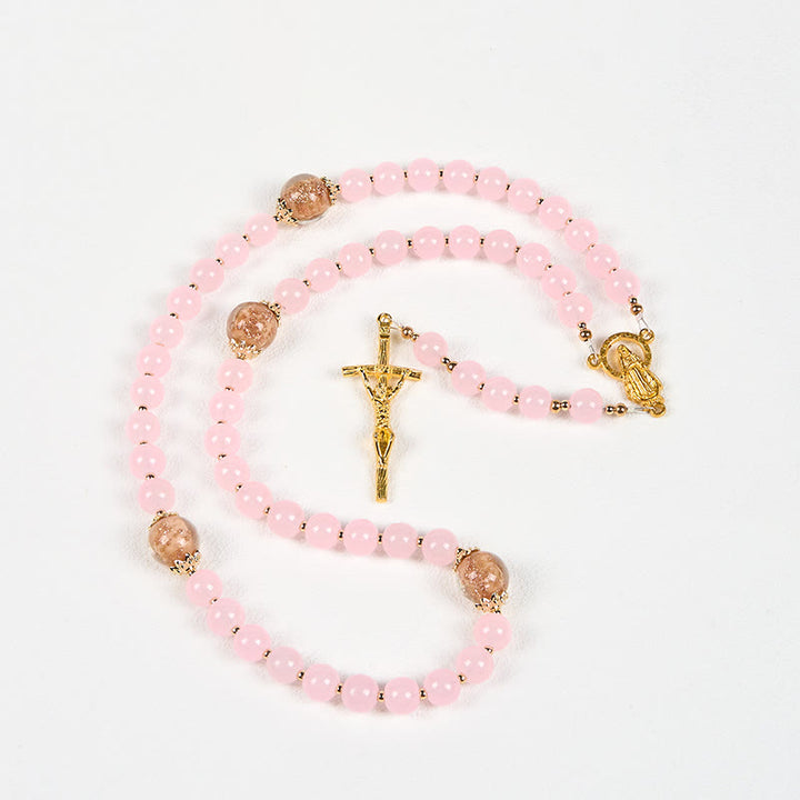 Christianartworkshop Handmade Pink Chalcedony & Porcelain Golden Sand Our Father Beads Prayer Rosary - image 8