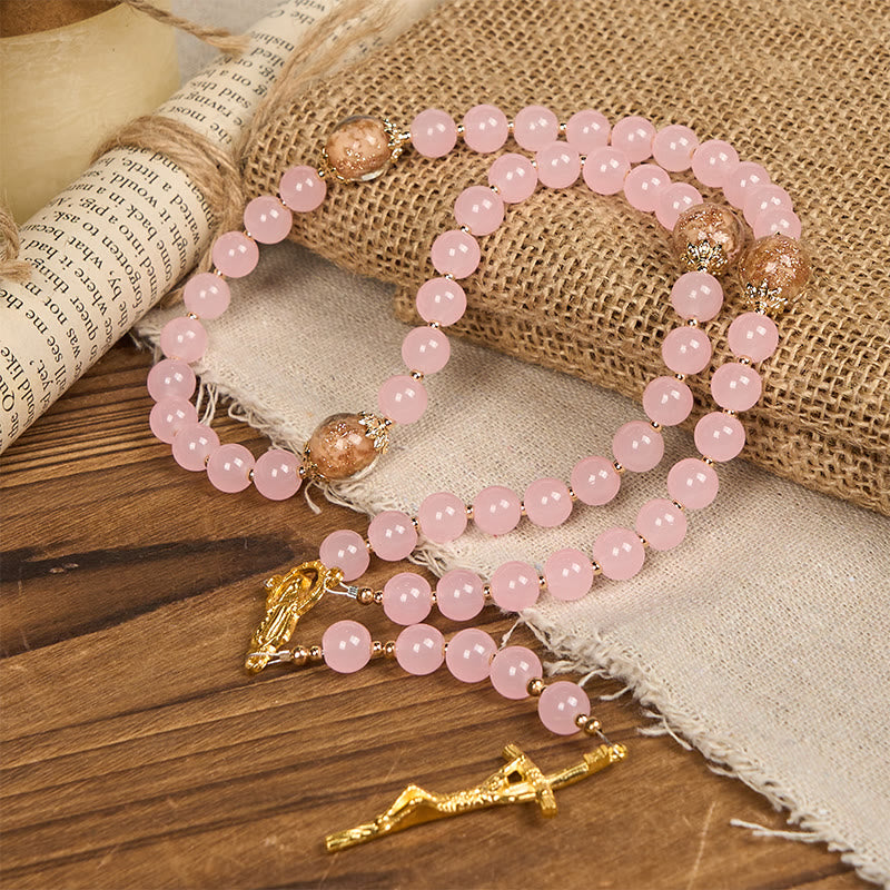 Christianartworkshop Handmade Pink Chalcedony & Porcelain Golden Sand Our Father Beads Prayer Rosary - image 3