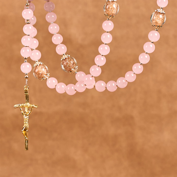 Christianartworkshop Handmade Pink Chalcedony & Porcelain Golden Sand Our Father Beads Prayer Rosary - image 7