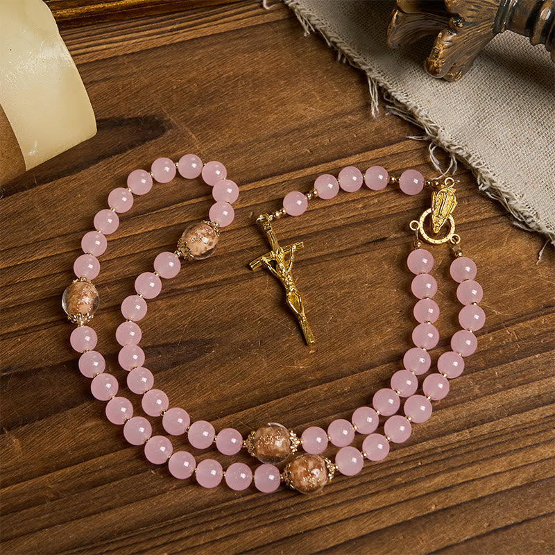 Christianartworkshop Handmade Pink Chalcedony & Porcelain Golden Sand Our Father Beads Prayer Rosary - image 9