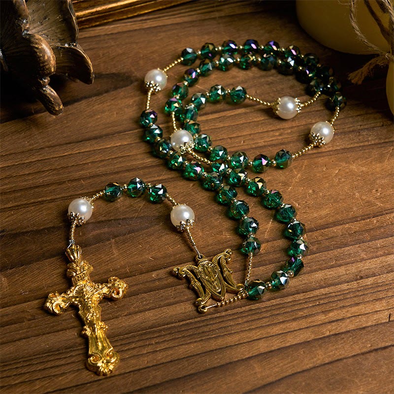 Christianartworkshop Handmade Emerald Green Crystal & Pearl Our Father Beads Divine Grace Rosary - image 1