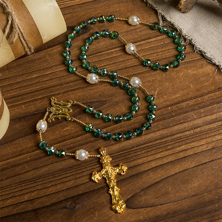 Christianartworkshop Handmade Emerald Green Crystal & Pearl Our Father Beads Divine Grace Rosary - image 5