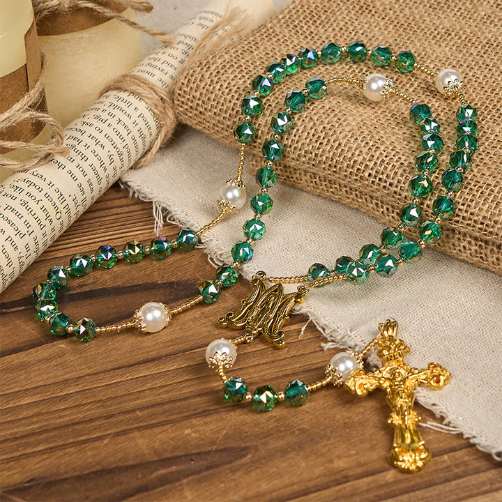 Christianartworkshop Handmade Emerald Green Crystal & Pearl Our Father Beads Divine Grace Rosary - image 3