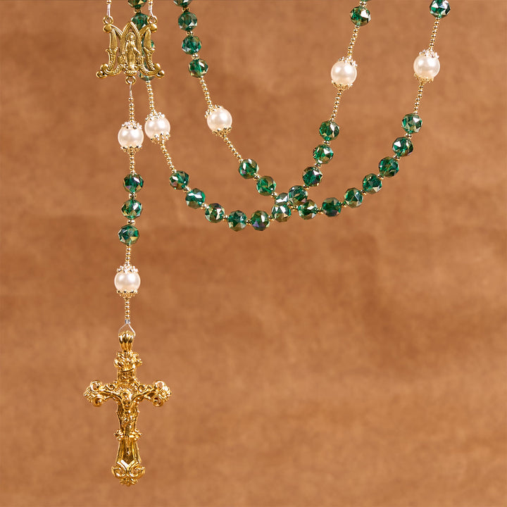 Christianartworkshop Handmade Emerald Green Crystal & Pearl Our Father Beads Divine Grace Rosary - image 4