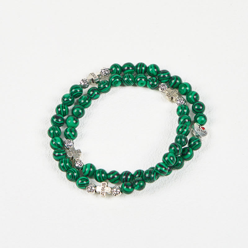 Christianartworkshop Green Malachite Beads Cross I Love Jesus Faith Rosary Bracelet - image 6