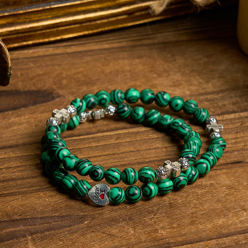 Christianartworkshop Green Malachite Beads Cross I Love Jesus Faith Rosary Bracelet - Malachite - image 1