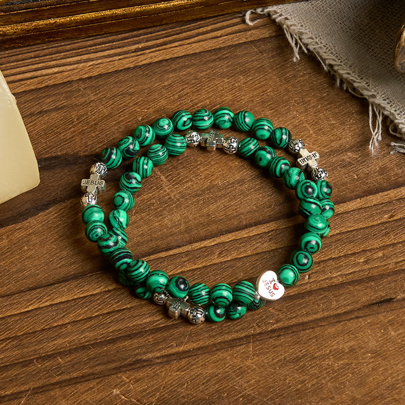 Christianartworkshop Green Malachite Beads Cross I Love Jesus Faith Rosary Bracelet - image 1