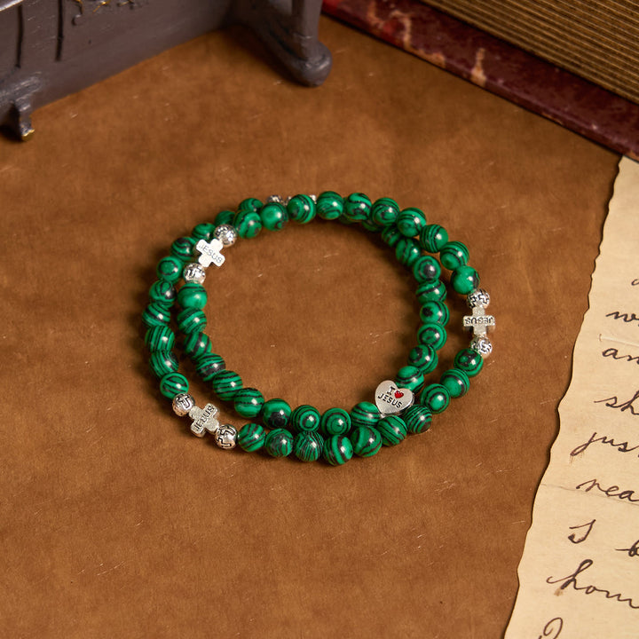 Christianartworkshop Green Malachite Beads Cross I Love Jesus Faith Rosary Bracelet - image 3