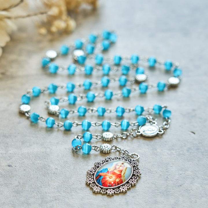 Christianartworkshop Immaculate Heart of Mary 6mm Glass Shiny Beads Lake Blue 7 Sorrows Rosary - Lake Blue - image 1